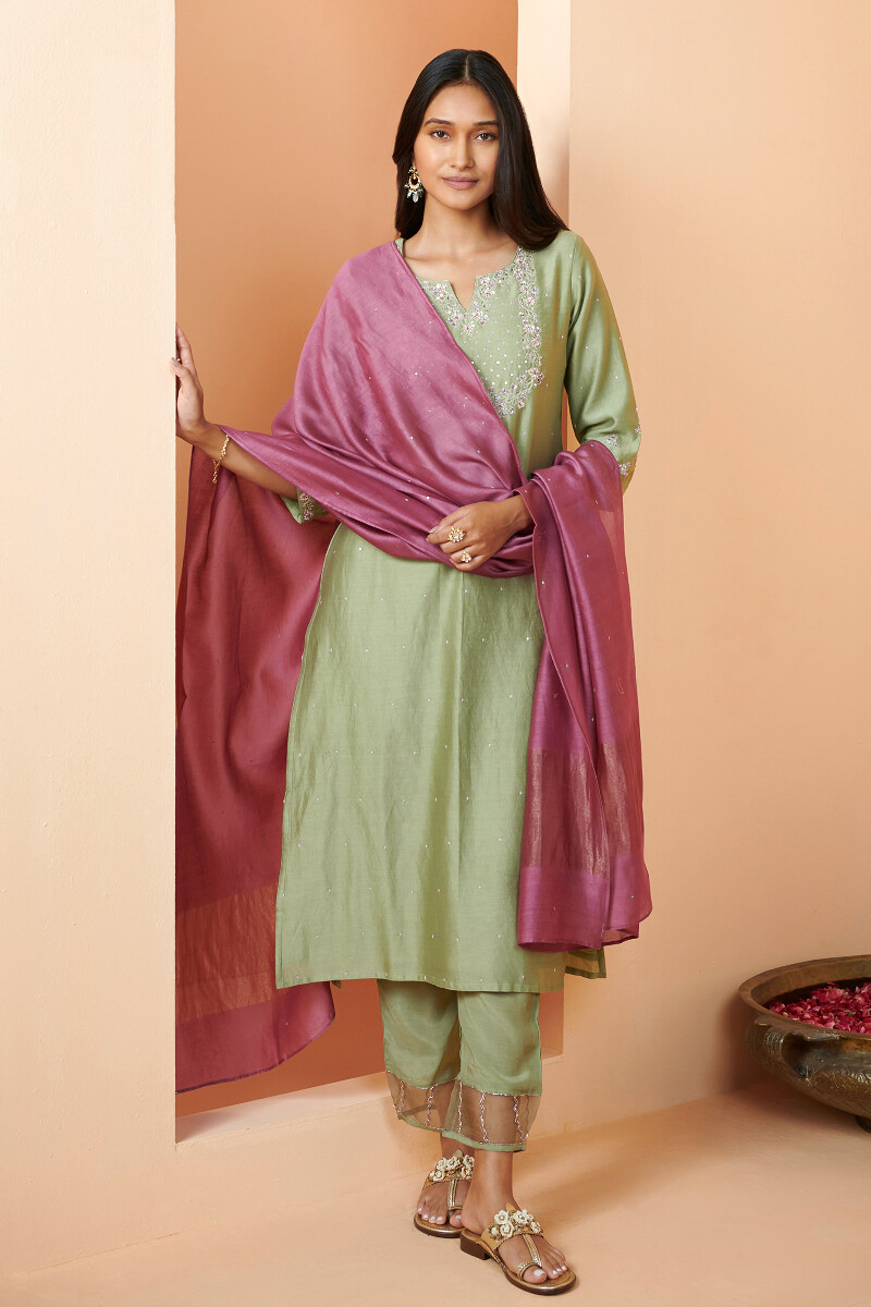 Green Handcrafted Straight Chanderi Kurta