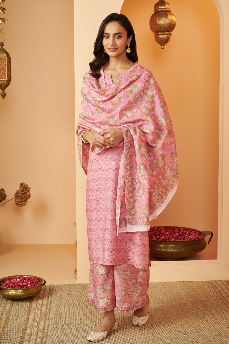 Pink Hand Block Printed Straight Modal Kurta