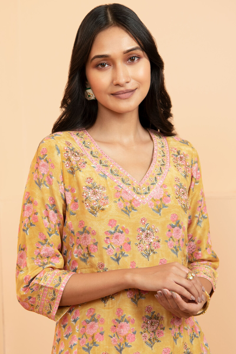 Yellow Hand Block Printed A-Line Modal Kurta