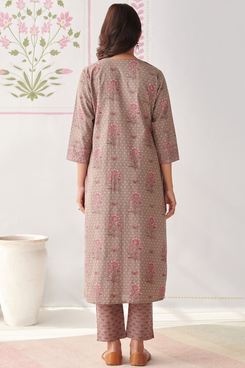 Grey Hand Printed Straight Cotton Kurta