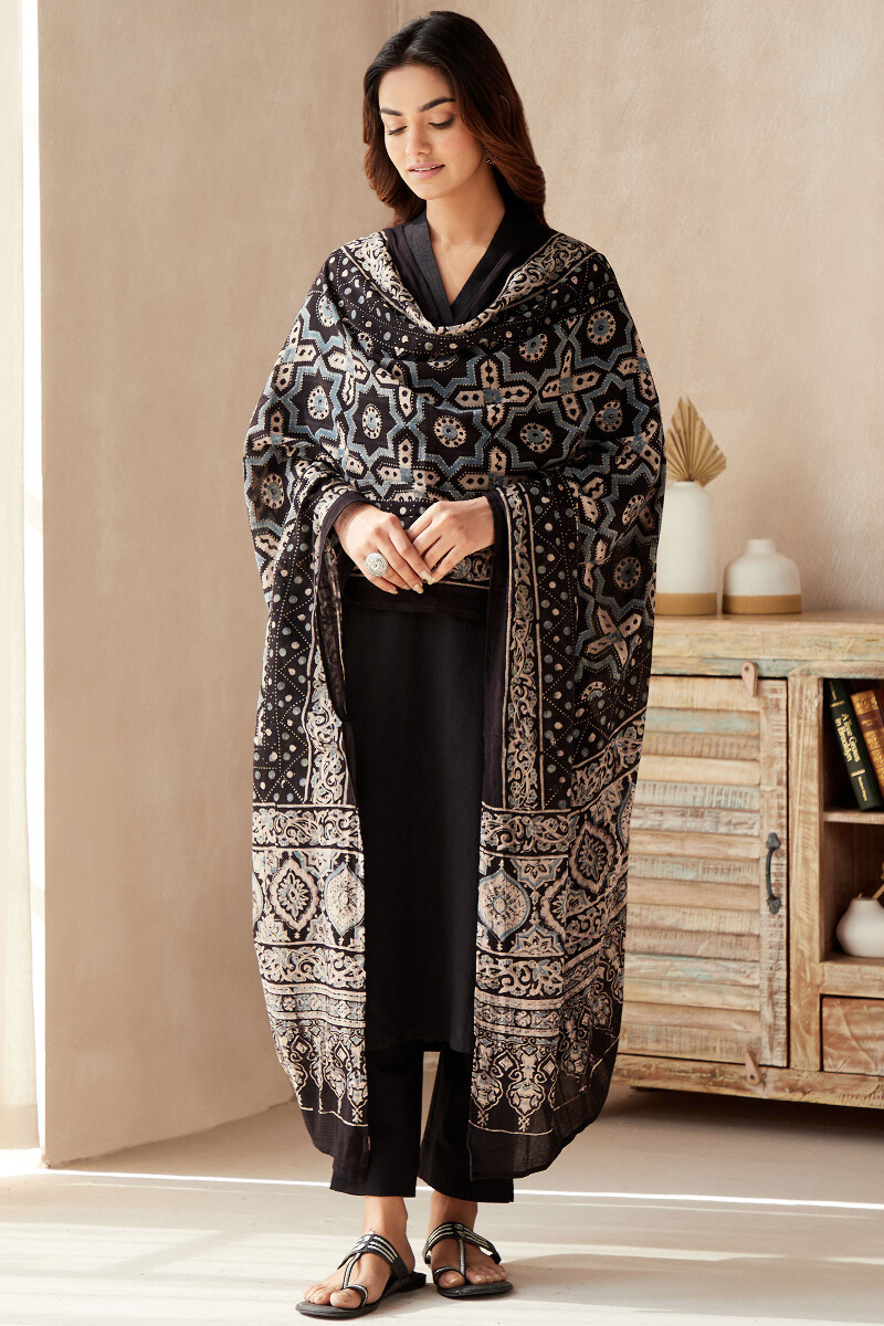 Black Hand Block Printed Cotton Dupatta