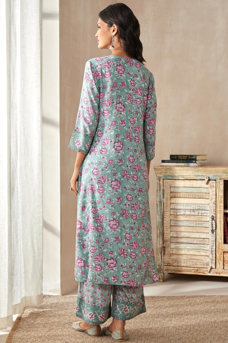 Green Hand Block-Printed Straight Viscose Kurta