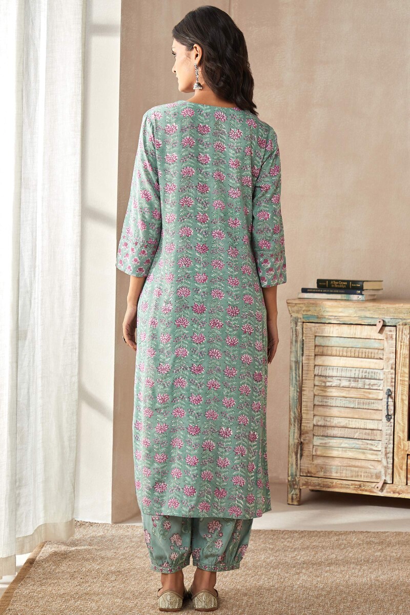 Green Hand Block-Printed Straight Viscose Kurta