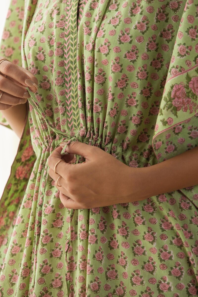 Green Hand Block-Printed Cotton Mul Kaftan