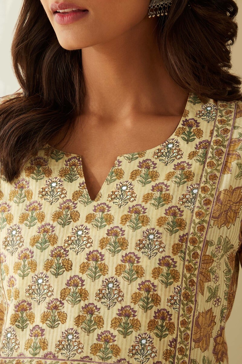 Beige Hand Block-Printed A-Line Cotton Dobby Kurta