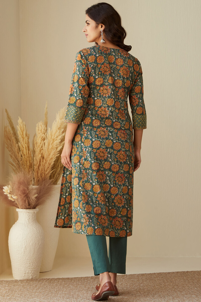 Green Hand Block-Printed Straight Cotton Kurta