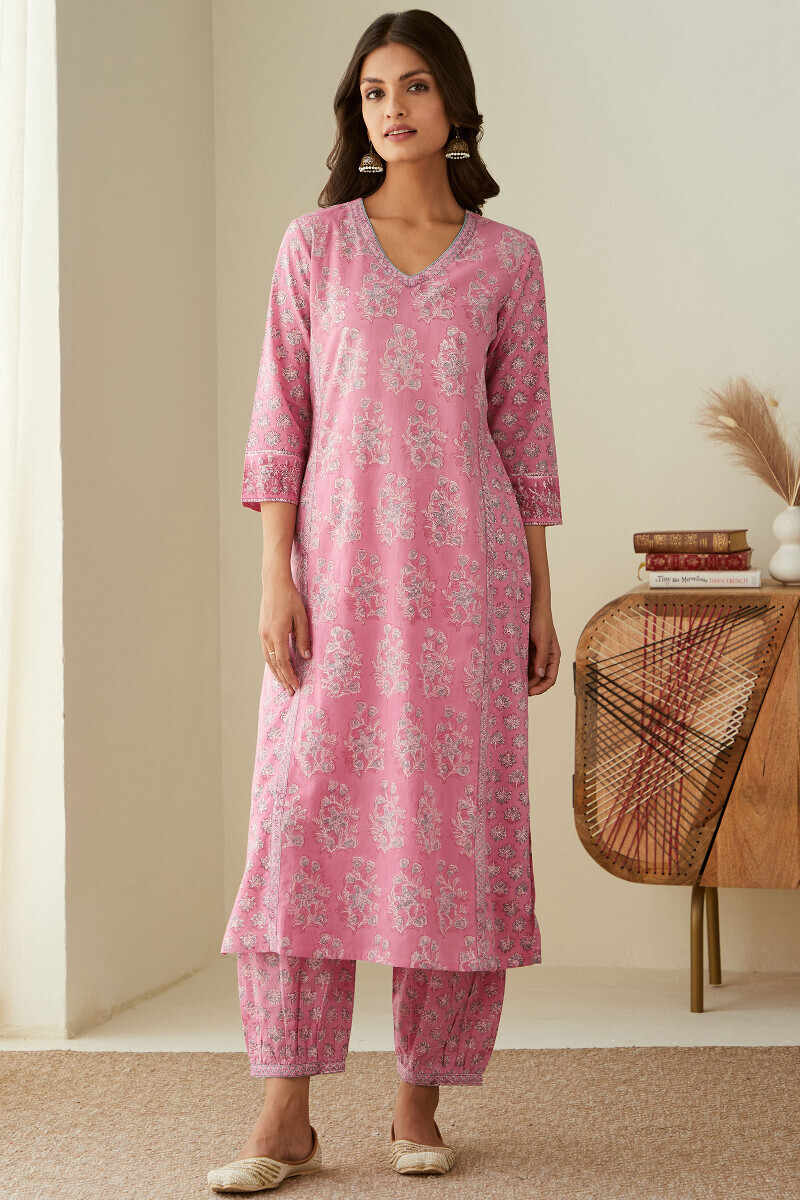 Pink Hand Block-Printed Straight Cotton Kurta