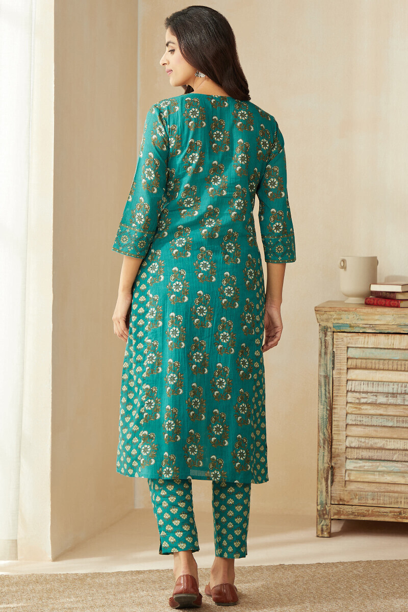 Teal Hand Printed Straight Cotton Dobby Kurta