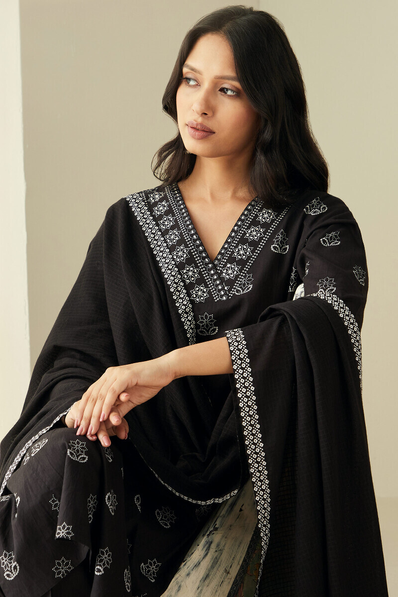 Black Hand-Printed Straight Cotton Kurta