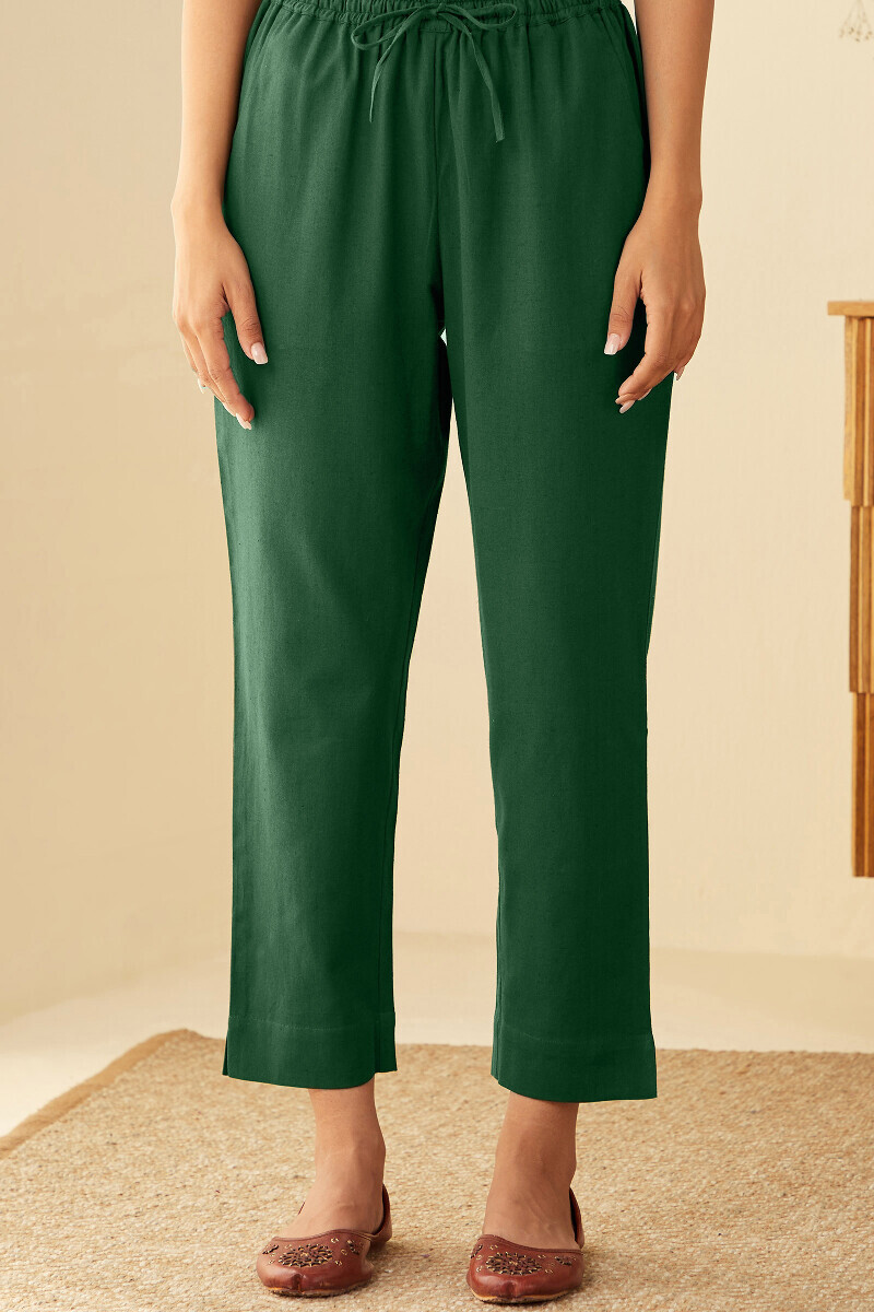 Green Handcrafted Cotton Flax Narrow Pants