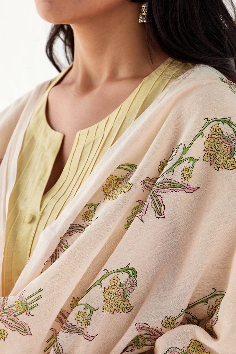 Peach Hand Block Printed Cotton Mul Dupatta