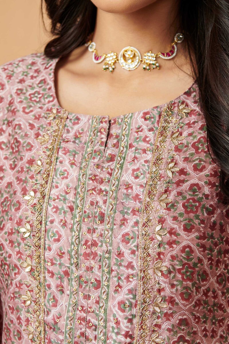 Pink Hand Block Printed Straight Chanderi Kurta