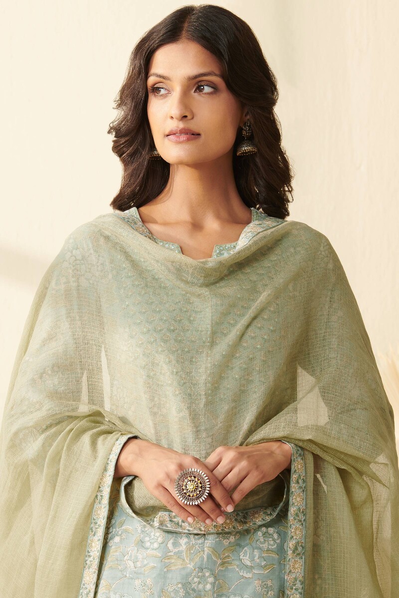 Green Hand Block Printed Kota Dupatta