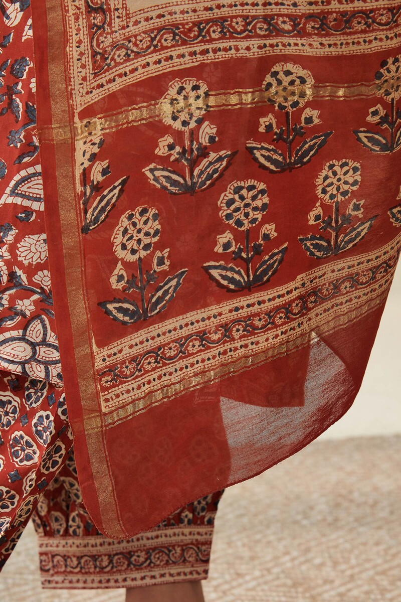 Red Hand Block Printed Chanderi Dupatta