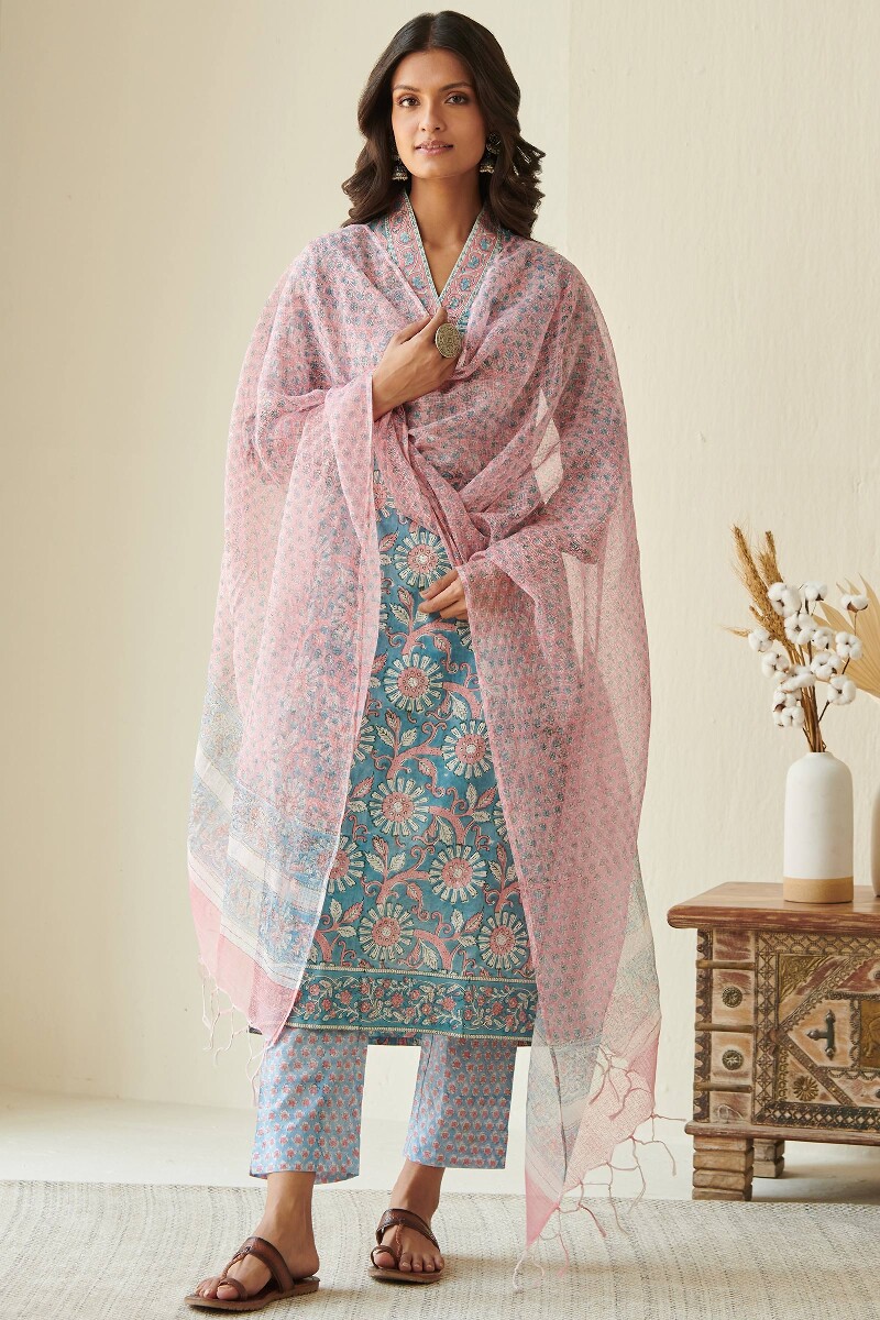 Pink Block Printed Kota Dupatta