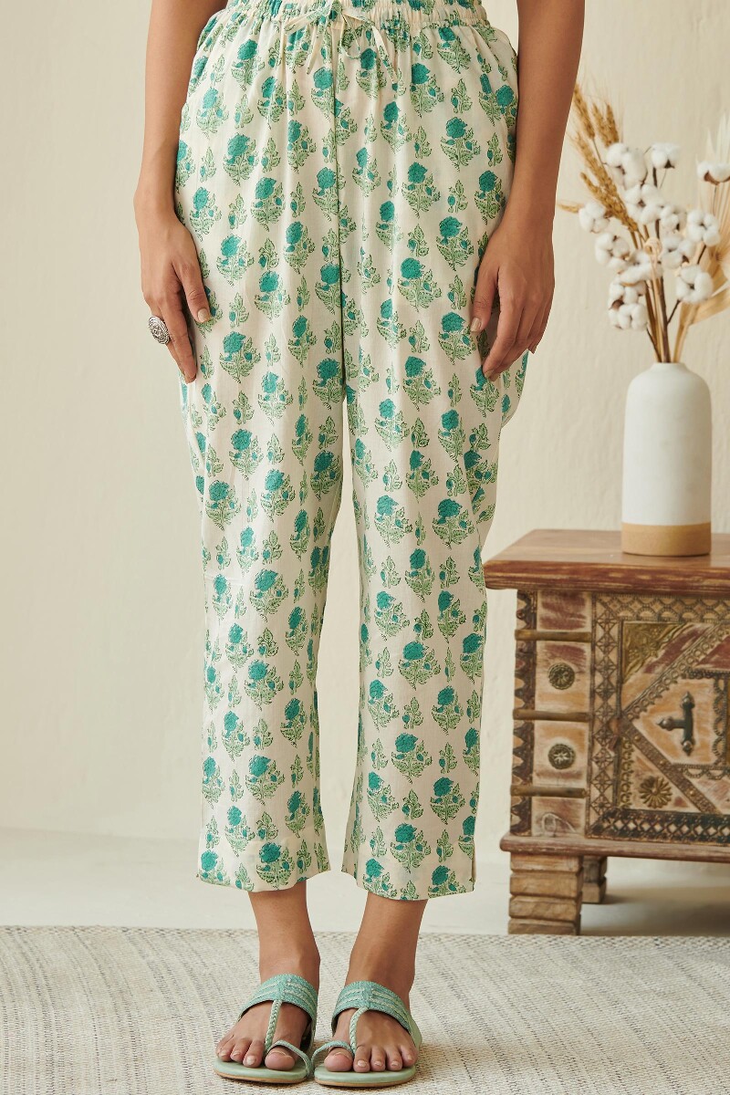 Turquoise Hand Block Printed Cotton Narrow Pants