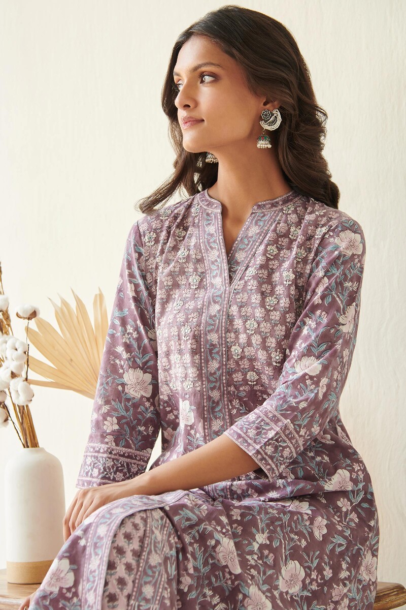 Purple Hand Block-Printed A-Line Cotton Kurta