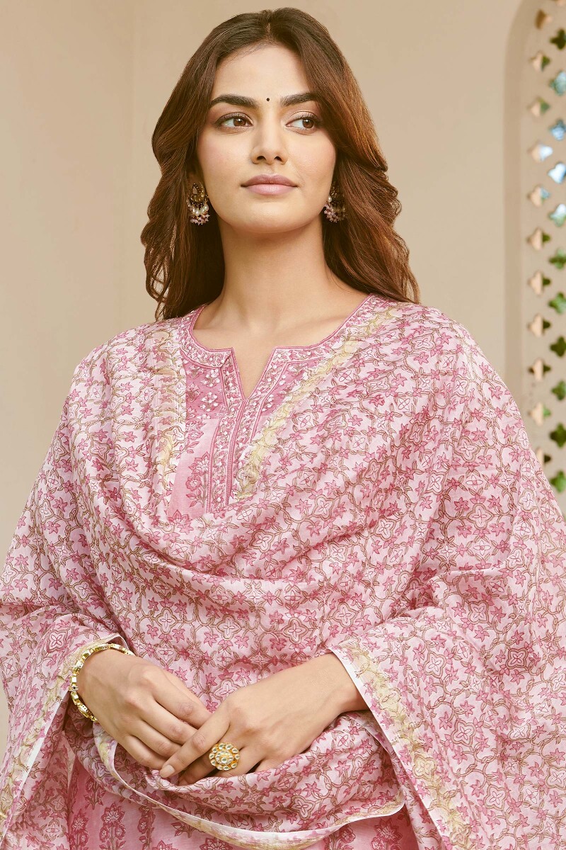 Pink Hand Block-Printed Chanderi Dupatta