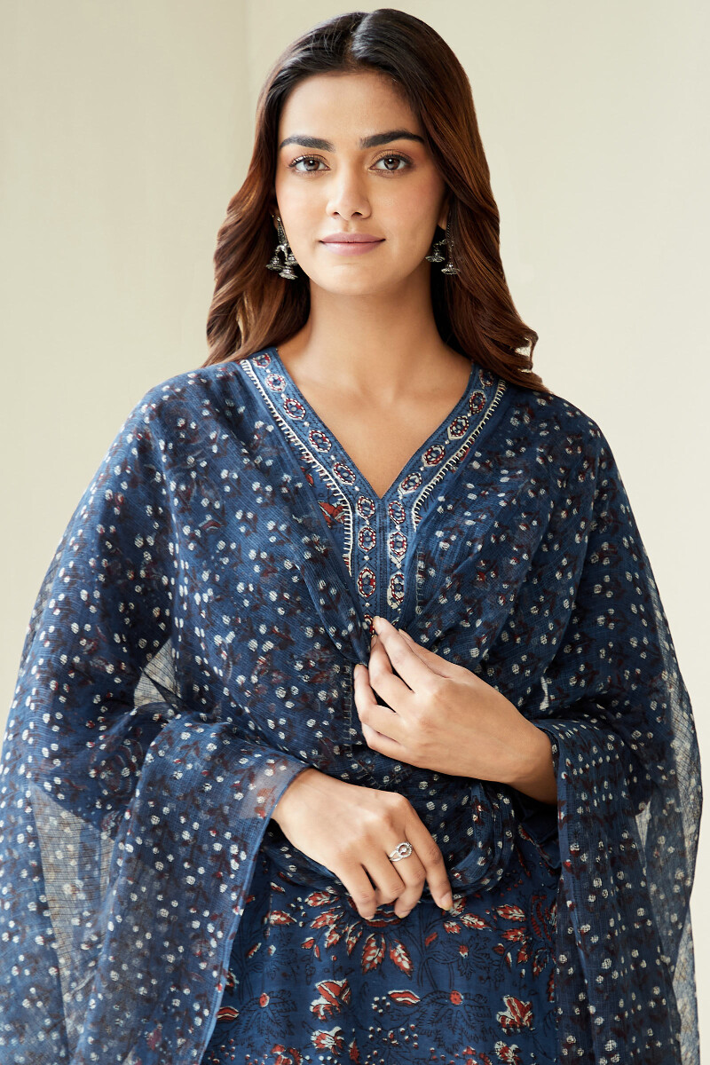 Indigo Hand Block-Printed Kota Dupatta