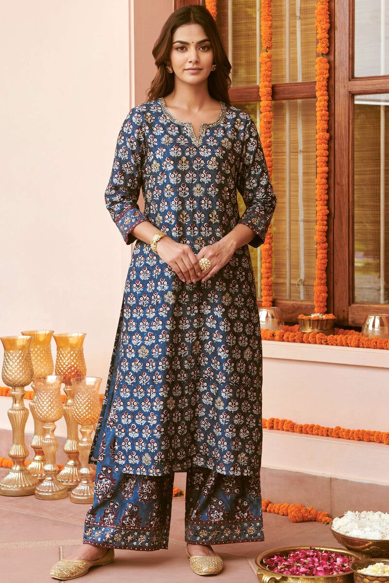 Blue Hand Block-Printed Straight Chanderi Kurta