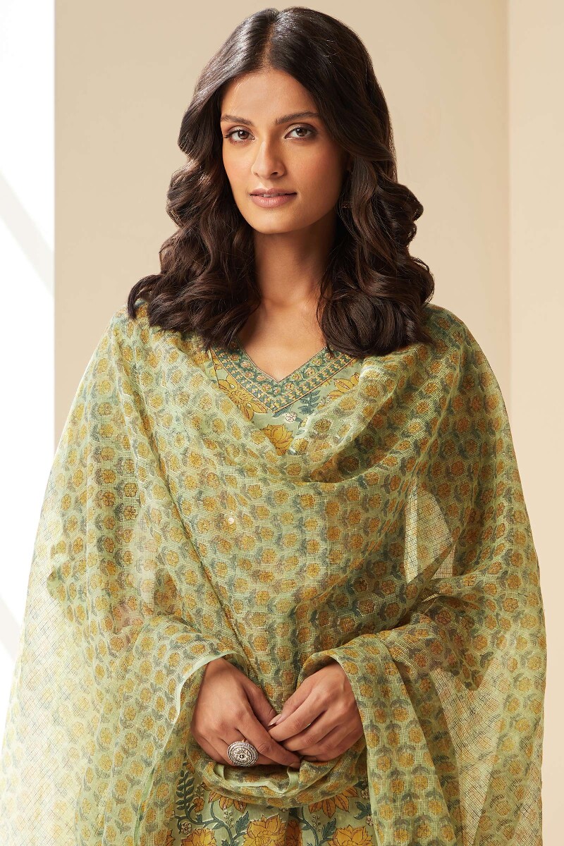 Green Hand Block-Printed Kota Dupatta