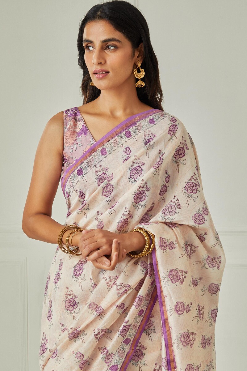 Off-White Block Printed Chanderi Saree