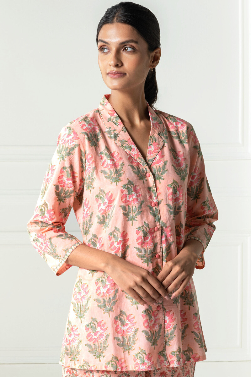 Peach Block Printed Cotton Pyjama Set