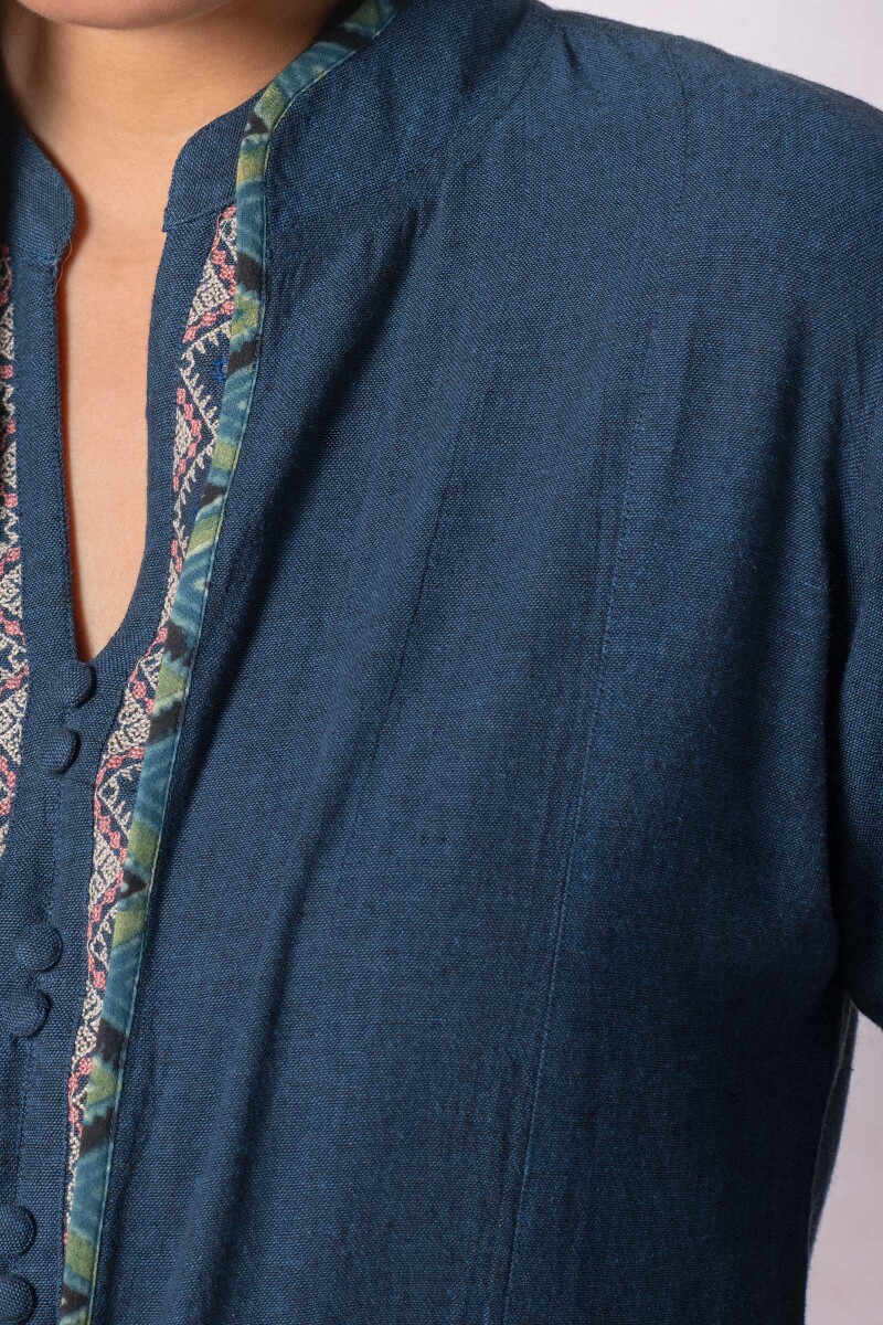 Indigo Block Printed Handloom Reversible Jacket