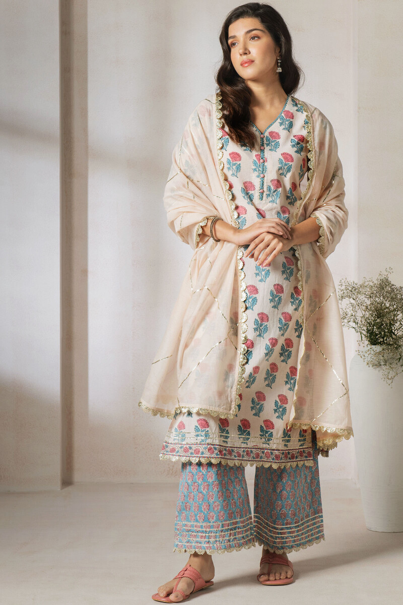 Off-White Block Printed Straight Cotton Kurta