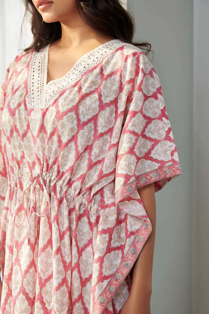 Pink Block Printed Cotton Kaftan