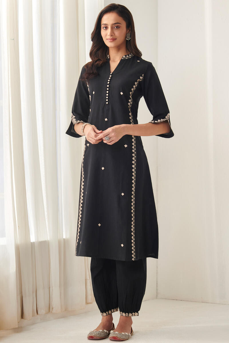 Black Handcrafted A-Line Cotton Kurta