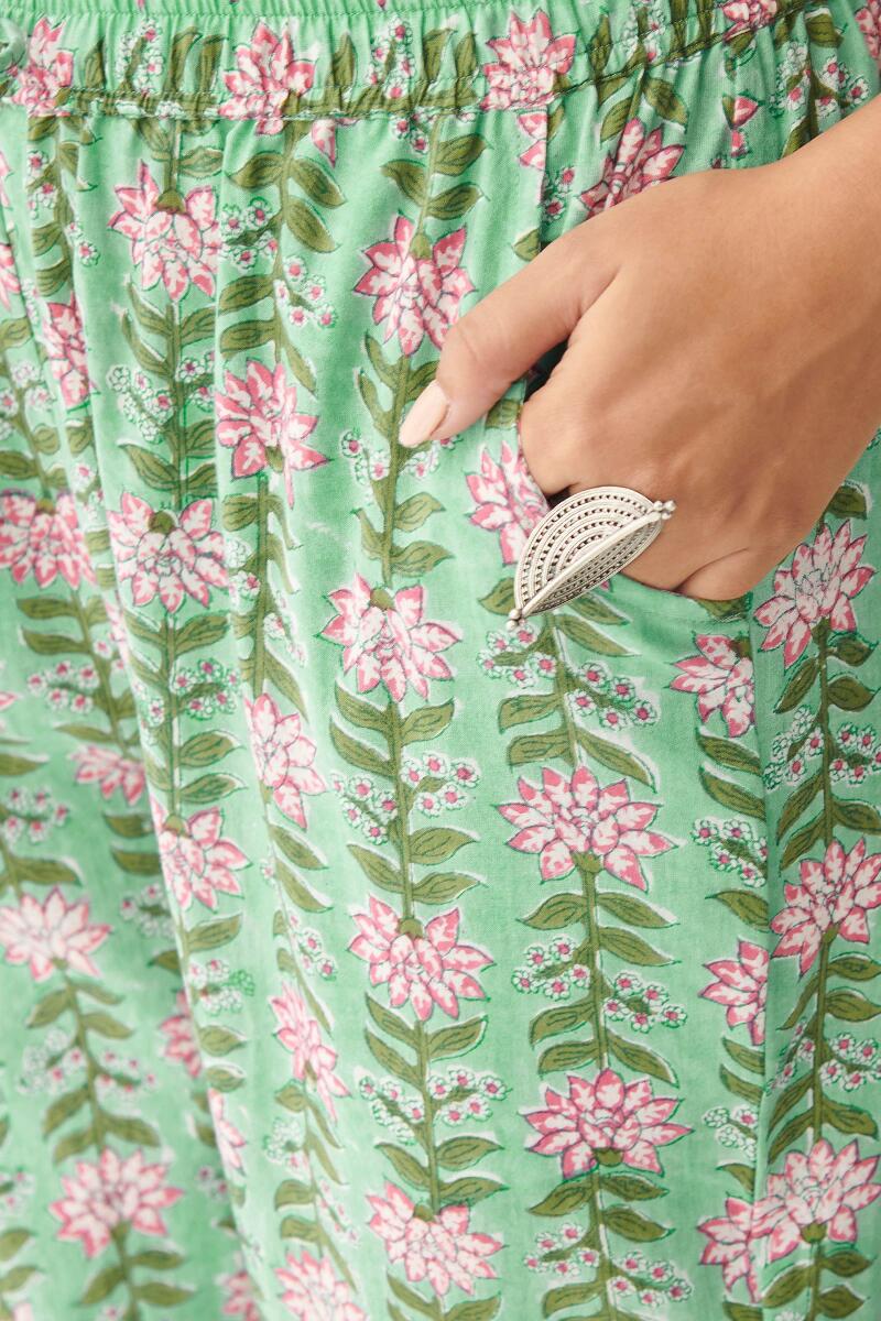 Green Hand Block Printed Cotton Narrow Pants