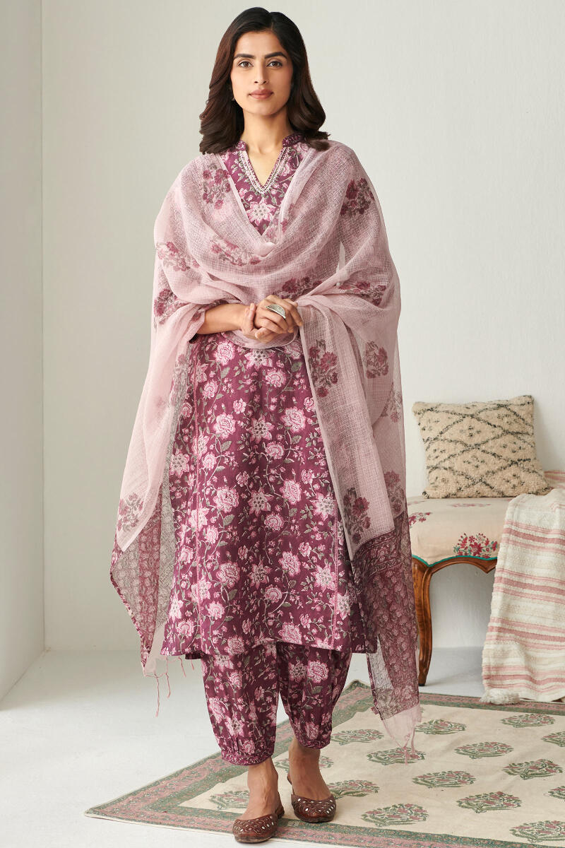 Purple Hand Block Printed Kota Dupatta