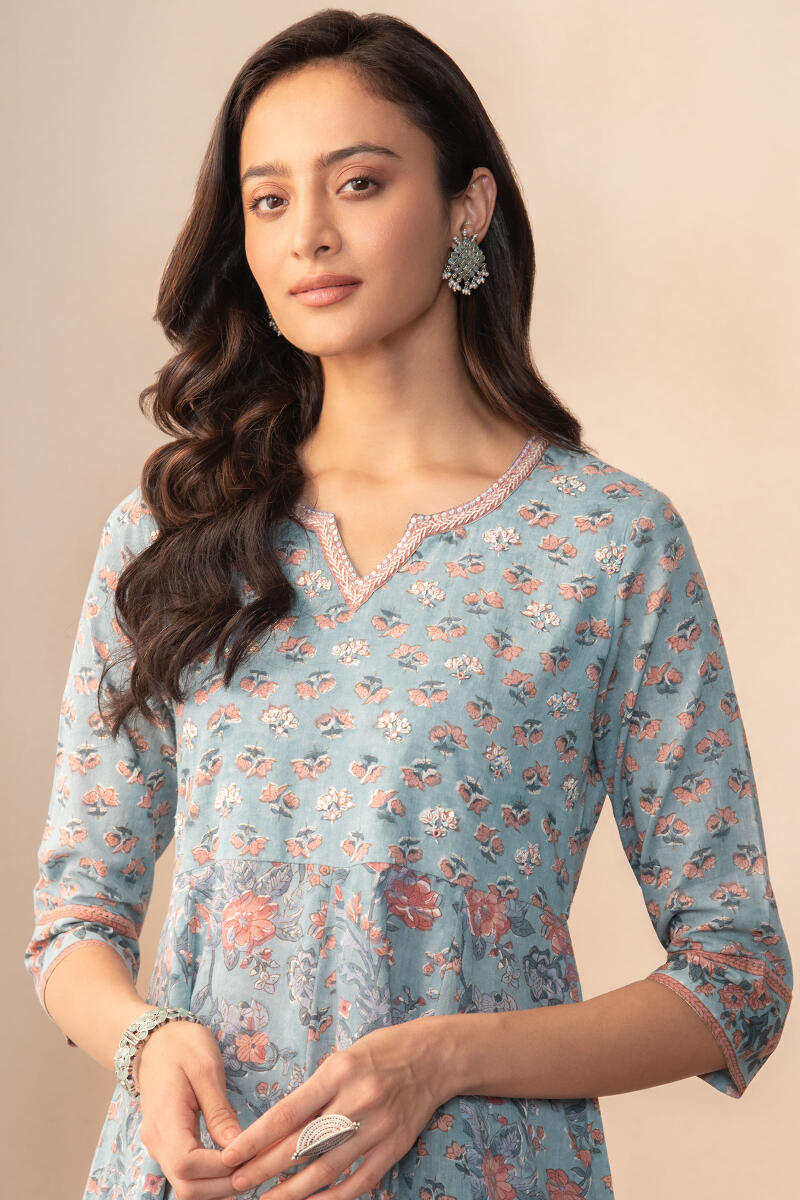 Blue Hand Block Printed Anarkali Cotton Kurta