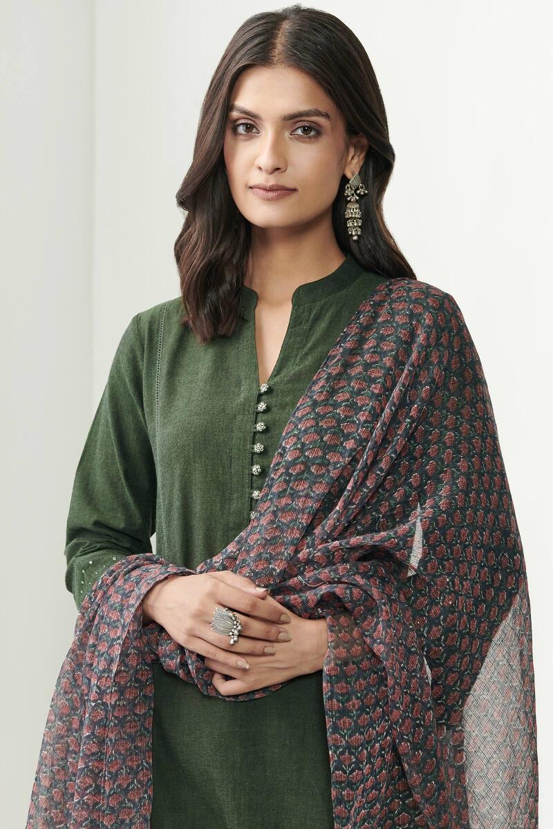 Green Hand Block Printed Kota Dupatta