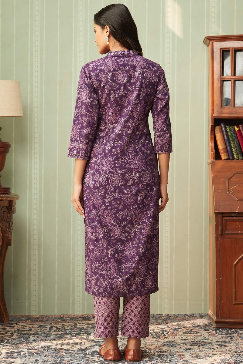 Purple Printed Straight Cotton Kurta