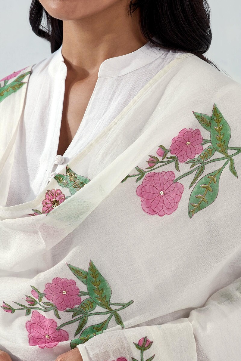 White Hand Block Printed Cotton Mul Dupatta