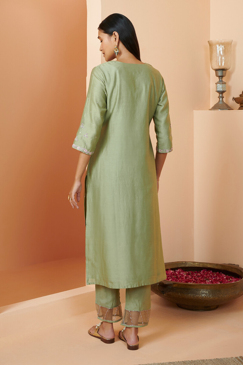 Green Handcrafted Straight Chanderi Kurta