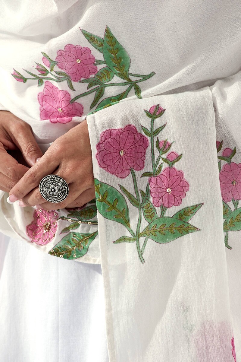 White Hand Block Printed Cotton Mul Dupatta