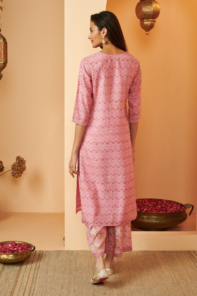 Pink Hand Block Printed Straight Modal Kurta