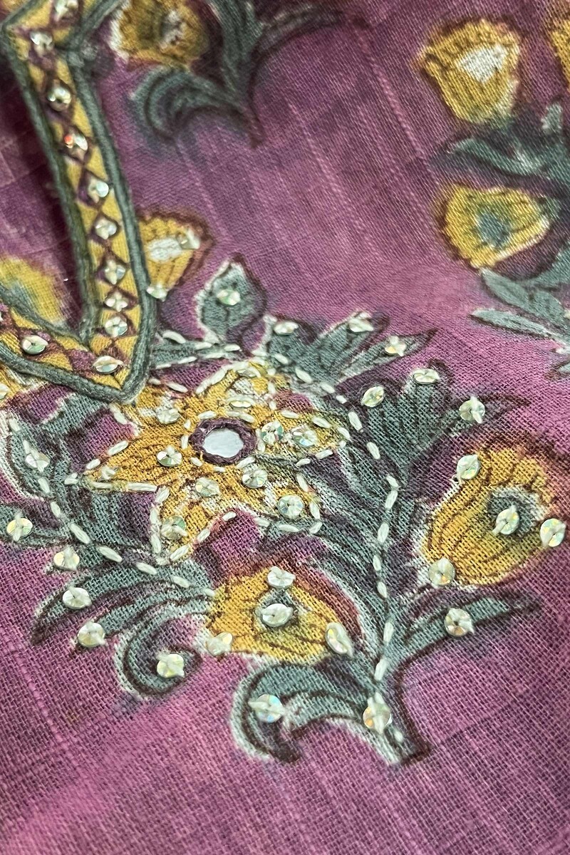 Purple Hand Block Printed Straight Cotton Slub Kurta