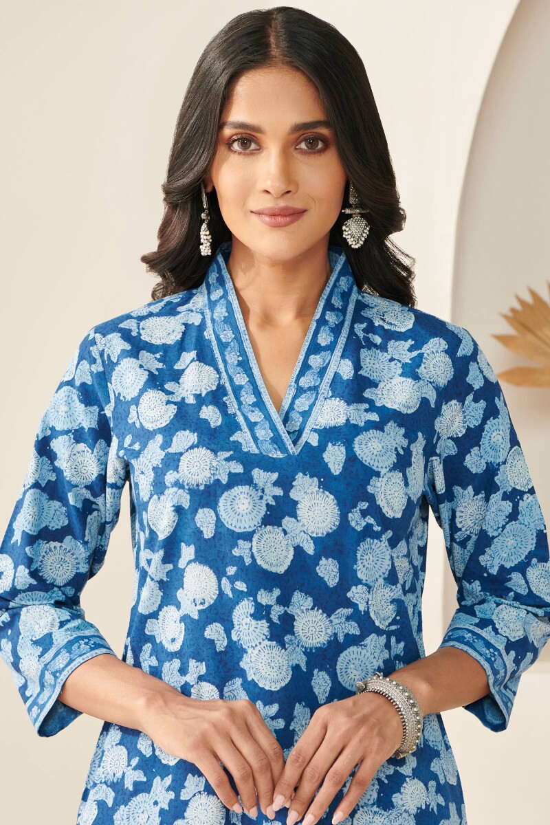 Indigo Hand Block Printed Straight Cotton Kurta