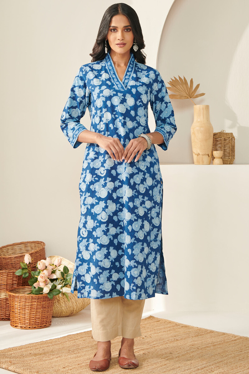 Indigo Hand Block Printed Straight Cotton Kurta