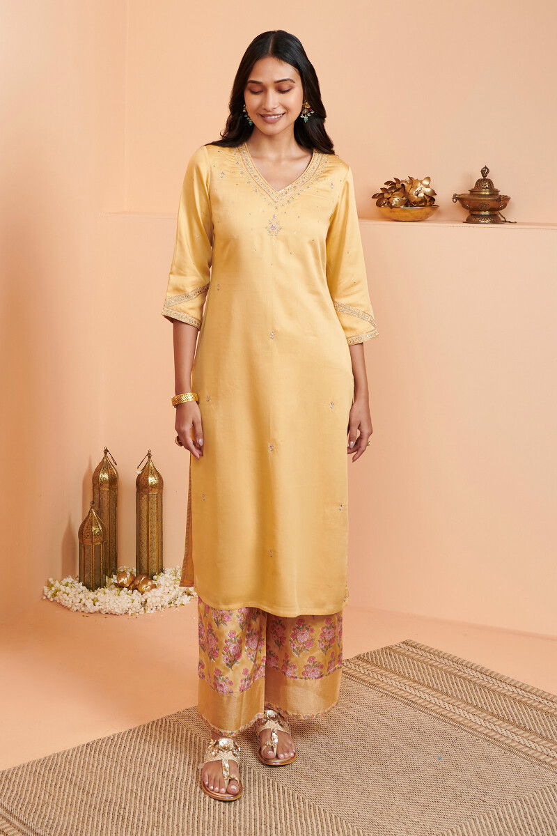 Yellow Handcrafted Straight Modal Kurta