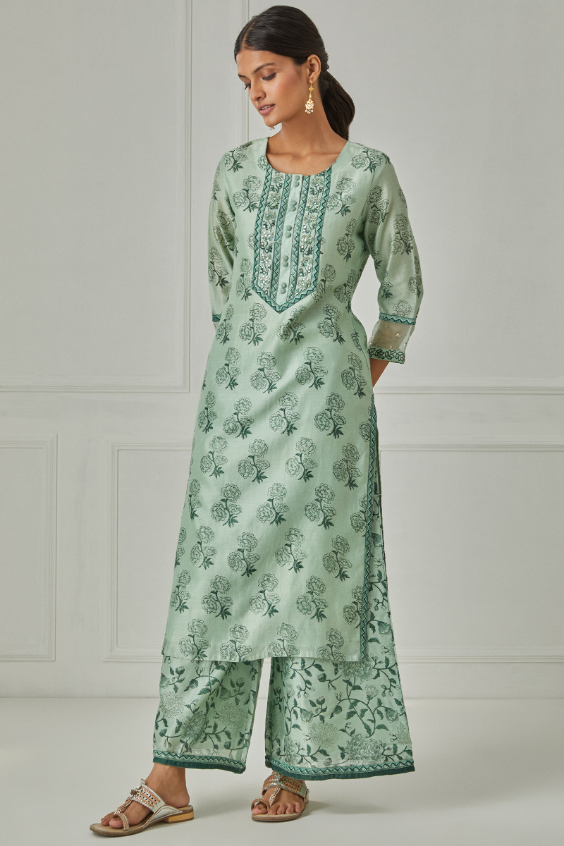 Green Block Printed Straight Chanderi Kurta