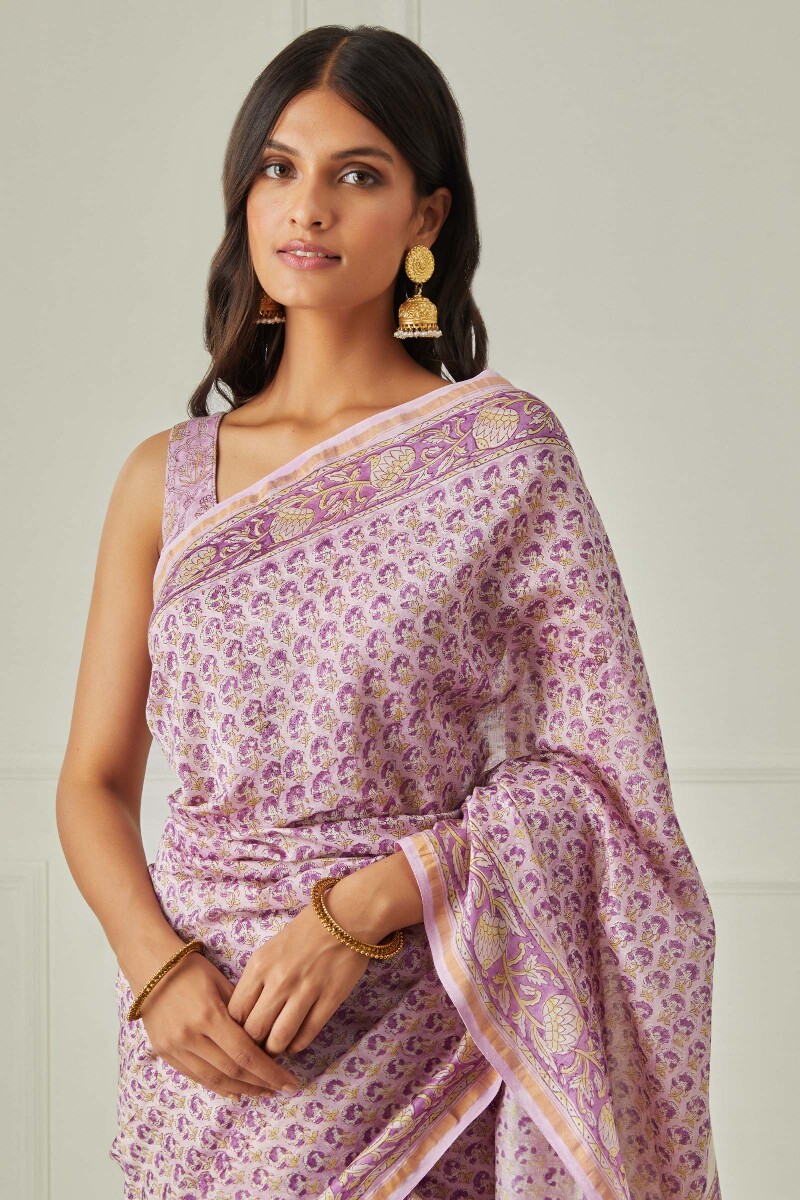 Pink Block Printed Chanderi Saree