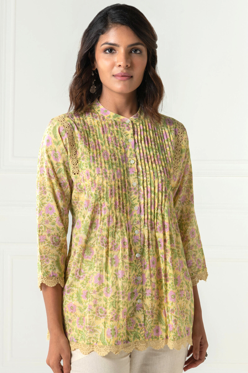 Yellow Block Printed Cotton Top