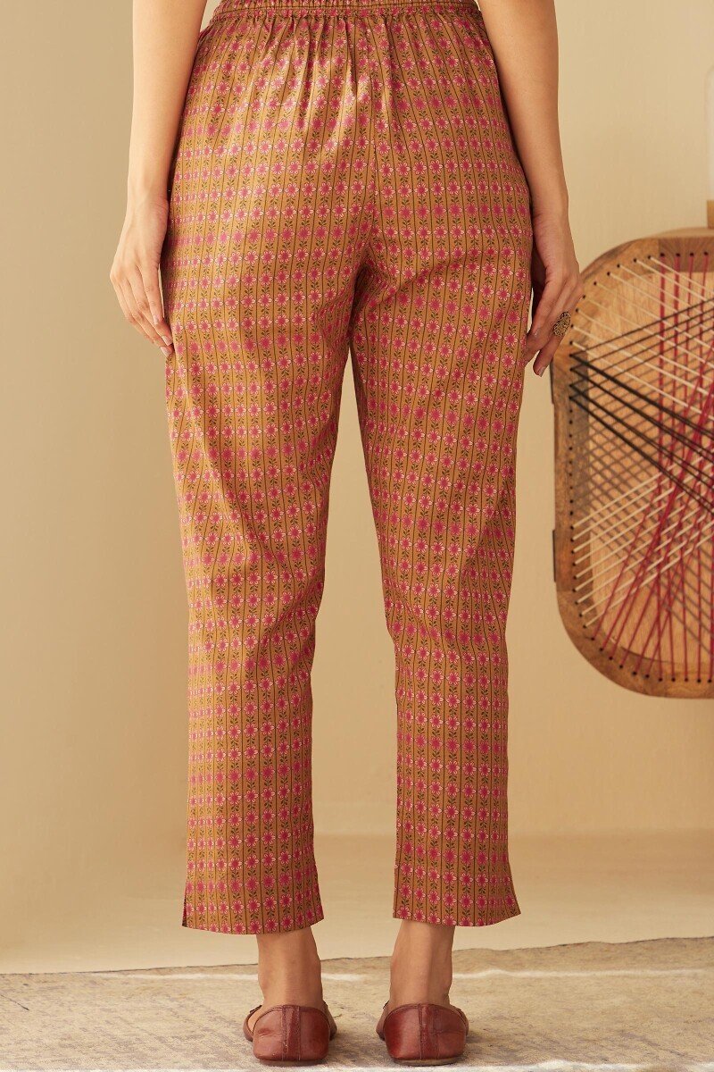 Mustard Printed Cotton Narrow Pants