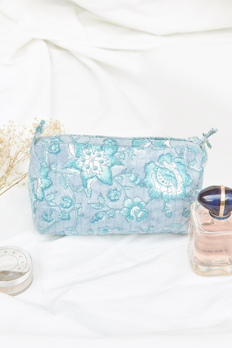 Blue Hand Block-Printed Cotton Vanity Pouch