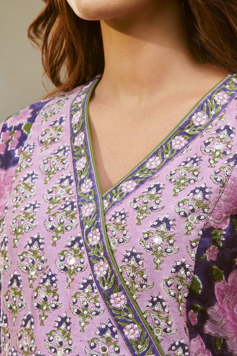 Purple Hand Block-Printed Straight Chanderi Kurta